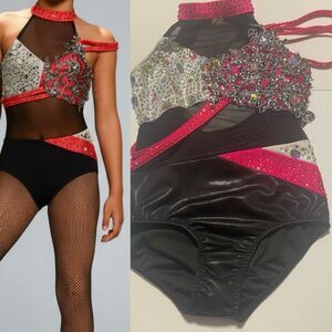 Glamour solo dance costume hot pink black embellished rhinestone bling LC child